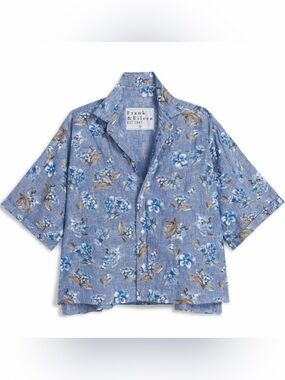 Frank & Eileen Rosie Short Sleeve Button Up Large Blue Floral Shirt 100% Linen